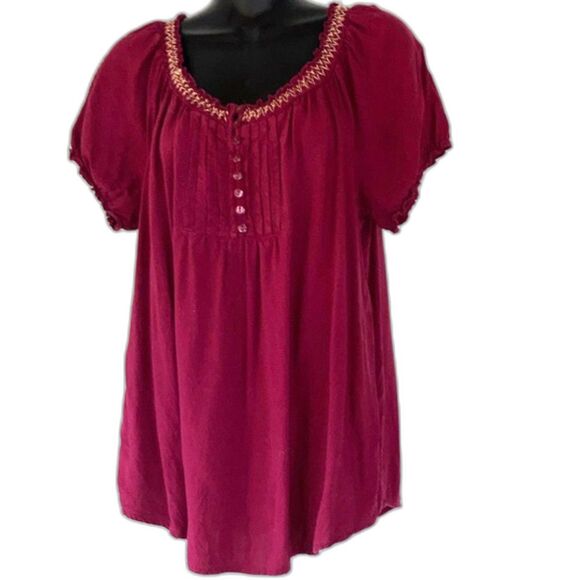 Smocked Embroidered V Neck Button Front Cap Short Sleeve Blouse Womens Large - Picture 1 of 16